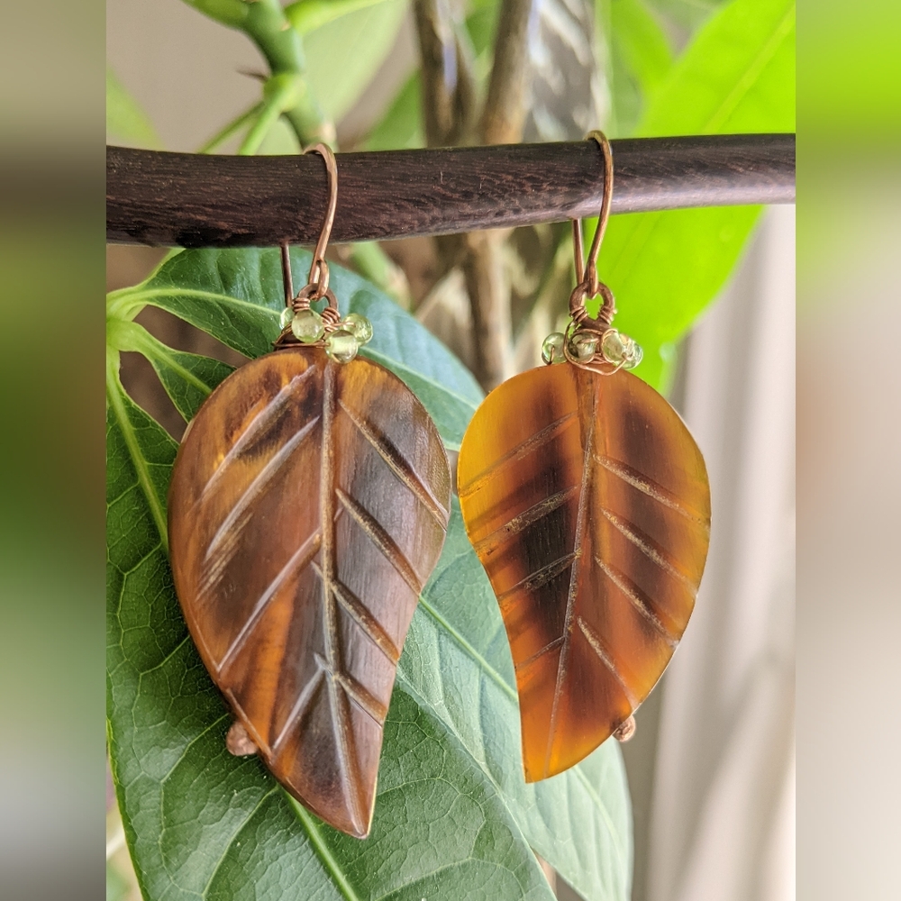 Artisan Autumn Leaf Earrings Carved Horn Hand Wrapped In Solid Copper - Picture 12 of 16